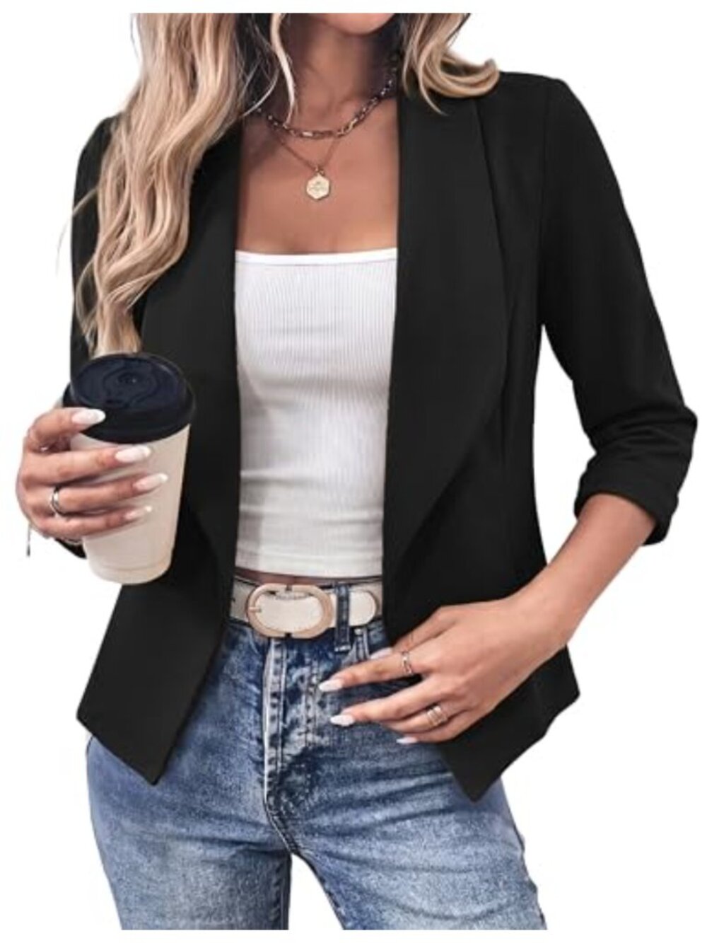 Women's Cropped Blazer 3/4 Sleeve Open Front Lightweight Business Casual